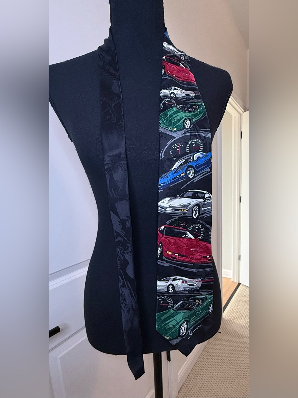 Men's Black Corvette Novelty Print Tie - Multi-Color Accents